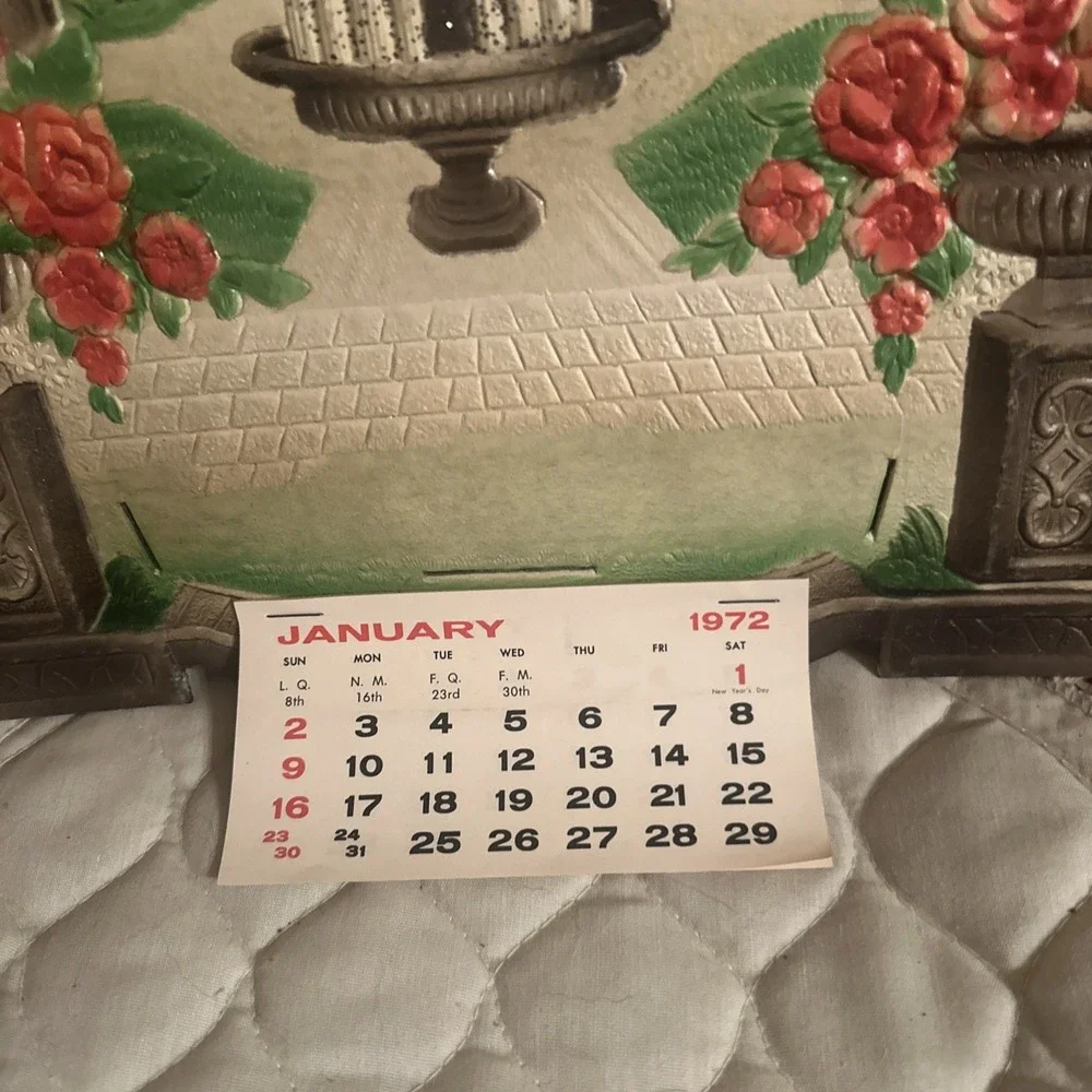 Vintage Die Cut, Pressed and Embossed Cardboard Calendar Holder 1972 W/ Calendar